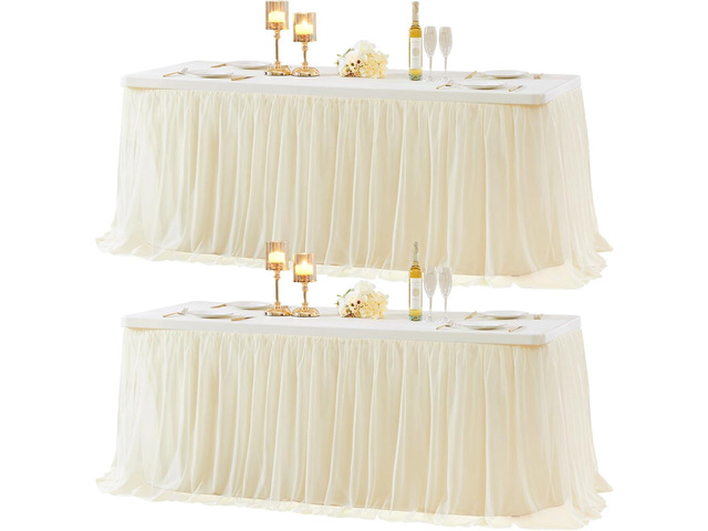 2 Pack Champagne Tulle Tablecloth Table Skirt for 6 Foot Rectangle Tables, Party Table Cloths Ruffle Tutu Table Skirt Stretch Fitted Table Covers...