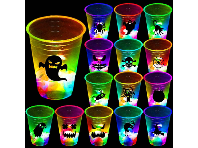 Ahuimeius 24 Pack Halloween Glow-in-The-Dark Cup Set with Horror Stickers for Party Decorations Event Fun, Glow Halloween Party Cups, House Parties...