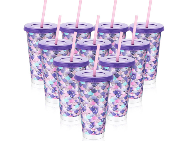 Domensi 24 Pcs Plastic Cups with Lid Straw 24 oz Reusable Tumbler Water Bottle Coffee Mug for Team Employee Students Birthday Party Favors...