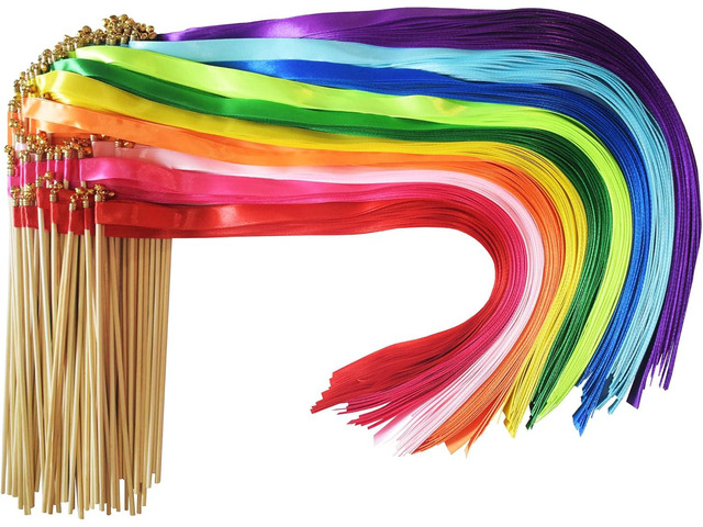 Kingsnow 100 Pieces Multi-Color Ribbon Wands Streamers Sticks with Gold Bell, Chromatic Silk Wish Wands Fairy Stick Party Rhythm Ribbon Streamers...