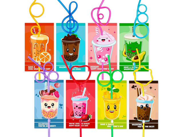 Valentines Day Cards for Kids School - 32 Crazy Loop Reusable Drinking Straws with Colorful Cards, Valentine Party Favors for Boys & Girls, Kids...