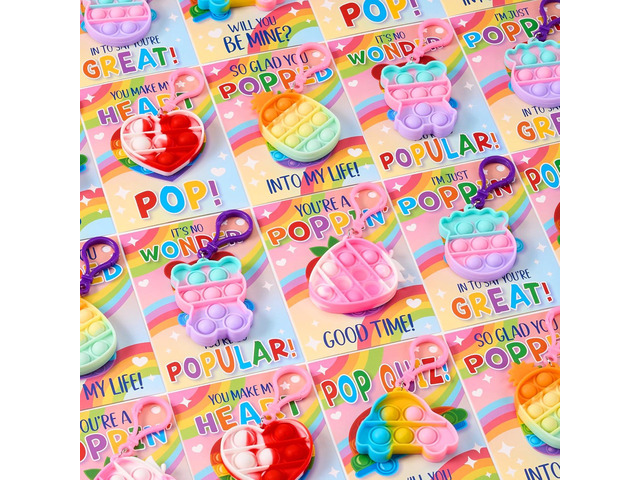 JOYIN 30 Packs Valentines Day Gift Cards with Pop Bubble Keychains, 6 Designs Mini Colored Pop, Multi-Shape Stress Relief Fidget Toys for Kids...