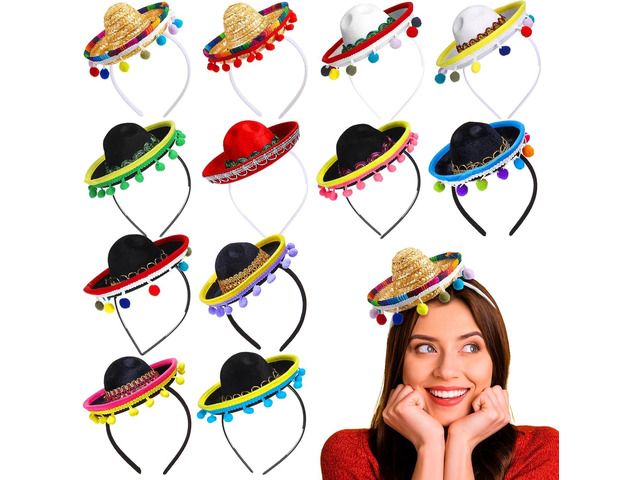 Mumufy 12 Pcs Mexican Sombrero Headband Hats Bulk for Adults Mini Fiesta Hats with Fabric Cinco De Mayo Party Decorations(Stylish)