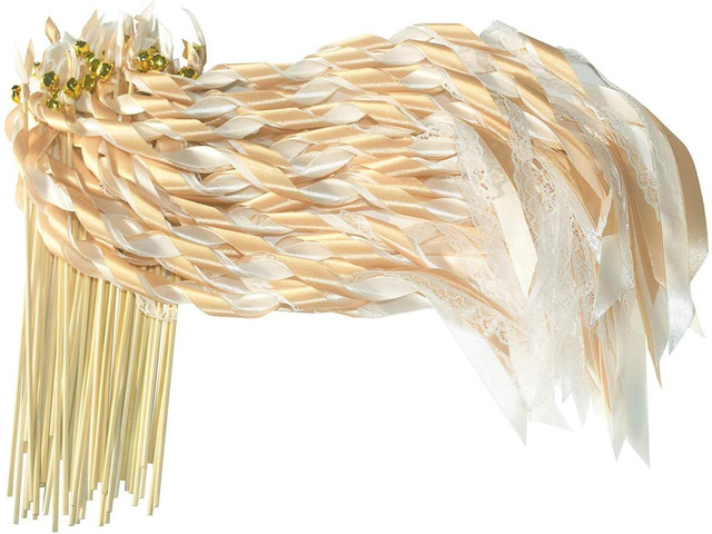 Kingsnow 50 Pack Champagne Lace Ribbon Wands Party Streamers with Bells Silk Fairy Stick Wand Party Favors for Wedding Send off Party Activities...