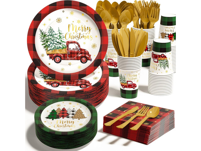 Christmas Party Decorations Supplies - 350 PCS Merry Christmas Birthday Buffalo Plaid Disposable Dinnerware Set(50 Guest) with Xmas Paper Plates...