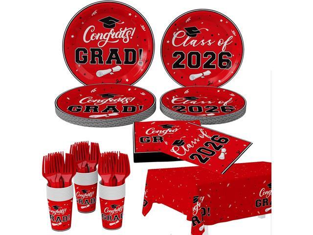 Tbsone Class of 2026 Graduation Plates and Napkins Set Red and Black Disposable Tableware for 25 Guests, Includes Plates, Napkins, Cups, Forks and...