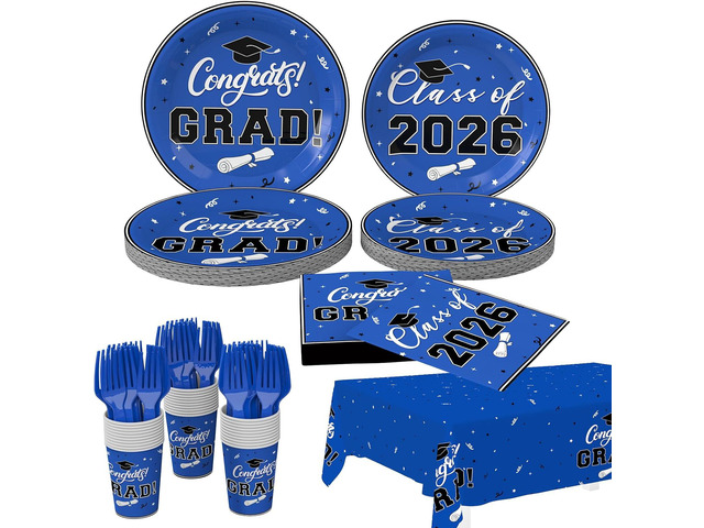 Tbsone Class of 2026 Graduation Plates and Napkins Set Blue and Black Disposable Tableware for 25 Guests, Includes Plates, Napkins, Cups, Forks...