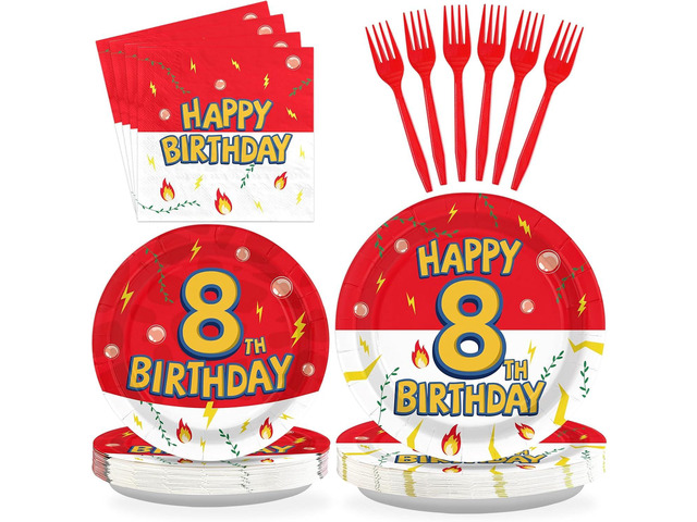 Grencian 96Pcs Happy 8th Birthday Party Supplies Cartoon Anime Themed Paper Plates and Napkins Tableware Sets Disposable Red and White Decoration...