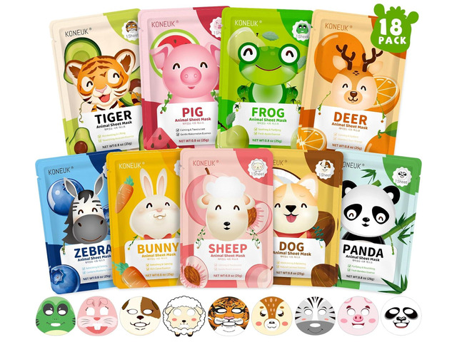 KONEUK 18 Pack Animal Face Mask for Kids, Bulk Sheet Face Masks Skincare for Girls, Collagen Hydrating Face Mask Spa Party Gifts for Teens,...