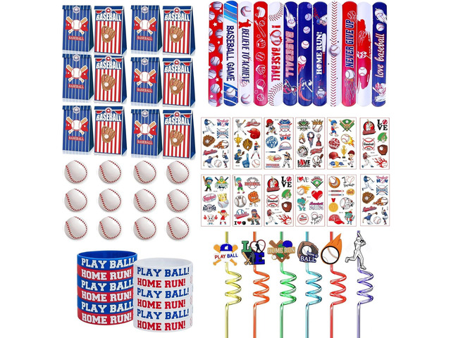 XIPEGPA 72 PCS Baseball Party Favors Set Baseball present Bags Slap Bracelets Straws Silicone Bracelets Tattoo Stickers Mini Baseballs for Goodie...