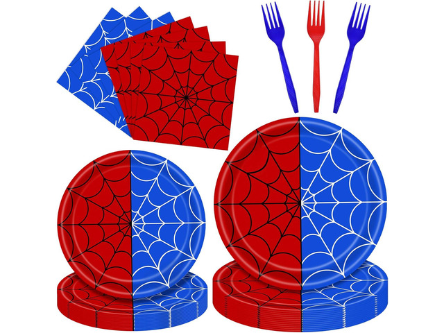 100 Pieces Halloween Spider Web Party Tableware Set Red Blue Web Plates, Napkins and Forks, Disposable Dinnerware for Boys Birthday and Halloween...