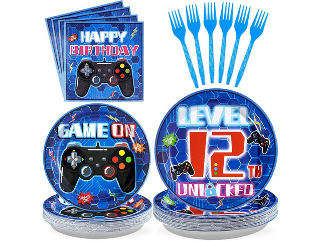 Grencian 96 Pcs 12th Video Game Birthday Party Decorations Blue Video Game Level 12 Birthday Plates and Napkins Tableware Sets for Boys 12 Years...