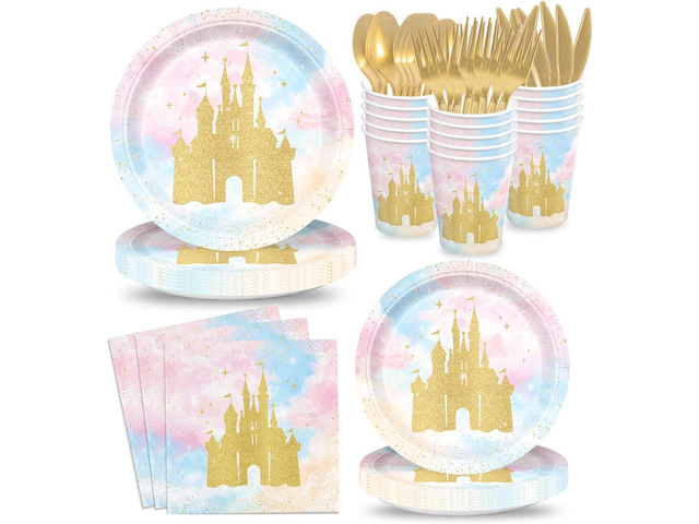 168pcs Princess Party Decorations Castle Paper Plates Napkins Disposable Tableware Set Paper Cups Watercolor Pastel Rainbow Princess Castle...