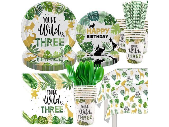 Young Wild And Three Decorations Tableware, Safari Jungle Theme 3rd Birthday Party Supplies Dinnerware Include Plates, Cup, Napkin, Cutlery,...