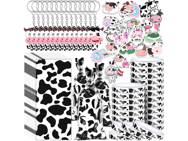 Chunful 148 Pcs Cow Party Favors Include Cow Print Gift Bag Cute Keychain Elastic Silicone Bracelets Animal Stickers for Birthday Party Supplies