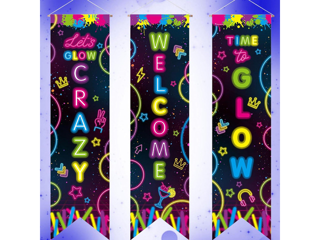 Chiisong 3 Pcs Neon Banner Party Decorations Let's Glow Banner Glow in the Dark Porch Sign Welcome Birthday Porch Sign for Neon Birthday Party...