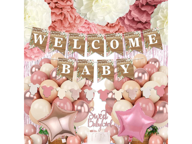 Dusty Pink Baby Shower Decoration, Girl Baby Shower Decor Set with Welcome Baby Banner,Tissue Pom Poms,Sweet Baby-girl Cake Topper,Retro Blush...