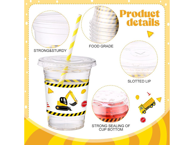 Yungyan 50 Sets Construction Truck Plastic Cups with Lids and Straws 16 oz Disposable Coffee Juice Drinking Hot Cold Clear Cup for Home Birthday...
