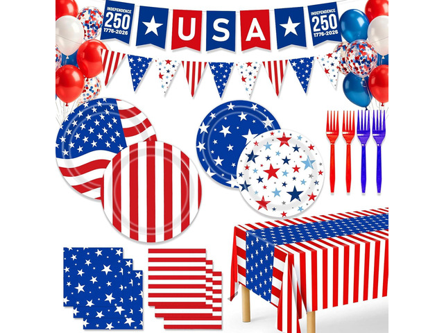 4th of July Party Supplies,115pcs 4th of July Plates and Napkins-Serve 24 Including USA 250th Anniversary Banner Balloons Tablecloth for America...
