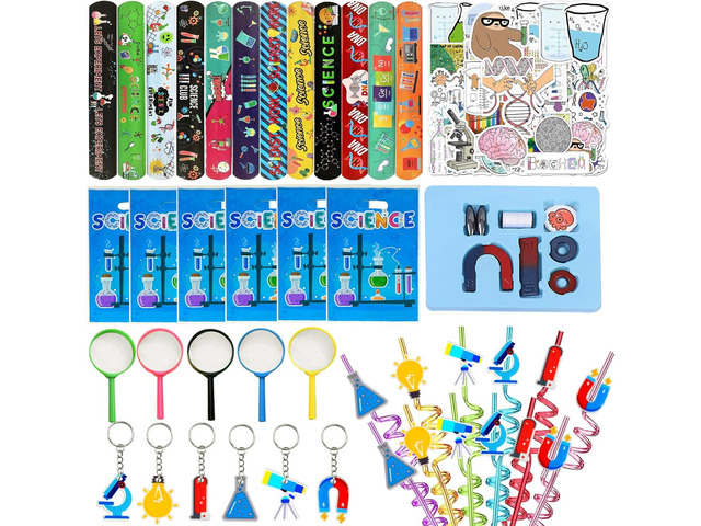 111PCS Science Party Favors Set, Lab Birthday Decorations Including Slap Bracelets, Keychains, Gift Bags, DIY Stickers, Drinking Straws, Science...