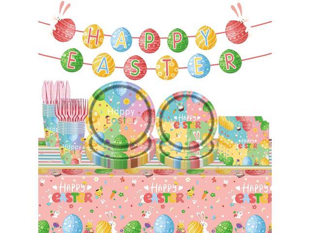 98PCS Easter Party Supplies Happy Easter Paper Plates and Napkins Colorful Easter Bunny Egg Tableware Set Spring Easter Party Decorations Easter...