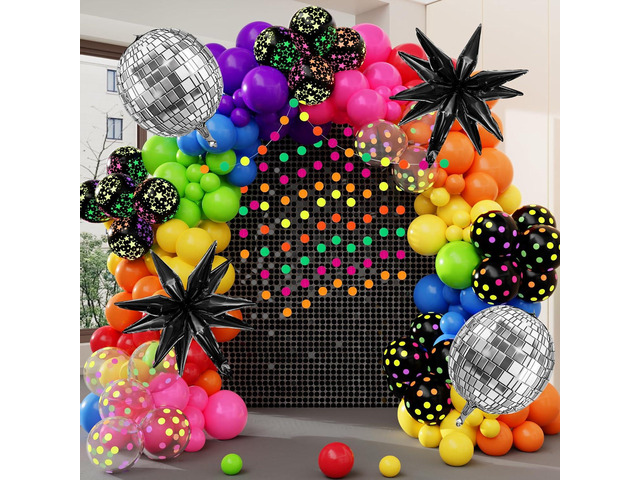 Amandir Glow in the Dark Party Decorations, 80S Disco Rainbow Balloon Arch Garland Kit with Foil Star UV Neon Luminous Fluorescent Balloons 9.8ft...
