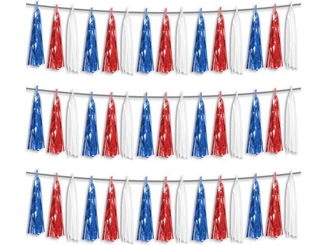3P Red Blue White Foil Fringe Metallic Tassel Streamers Banner Tassel Garland for Parade Floats, Bachelorette, Wedding, Birthday, Halloween,...