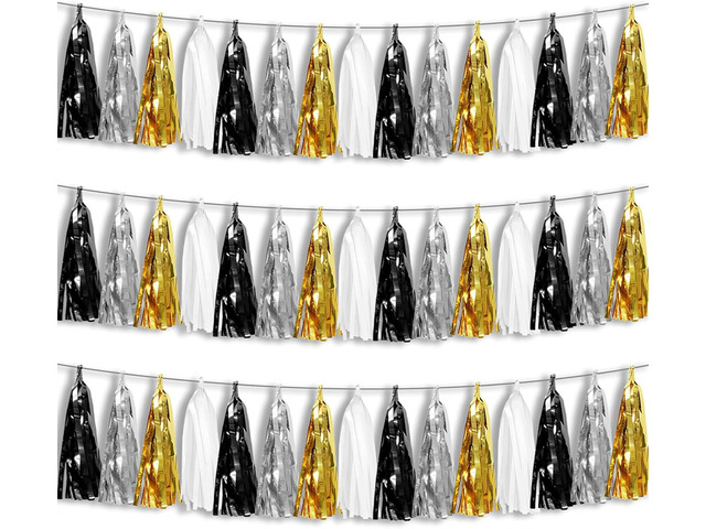 3P Black Gold Silver Foil Fringe Metallic Tassel Garland, Tassels Banner Streamers for Parade Floats, Bachelorette, Wedding, Birthday, Halloween,...