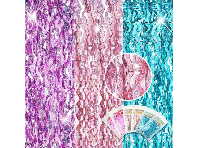 Jutom 6 Pieces 3.3 x 6.6 ft Wavy Tinsel Foil Fringe Curtains Foil Fringe Streamer Backdrop Party Curtain for Sea Mermaid Baby Shower Birthday Party...