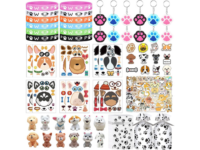 Bluegogo 122Pcs Dog Party Favors Gift Set for Kids Dogs Birthday Party Supplies Include 12 Dogs DIY Face Stickers 12 Dogs Bags 12 Keychains 12...