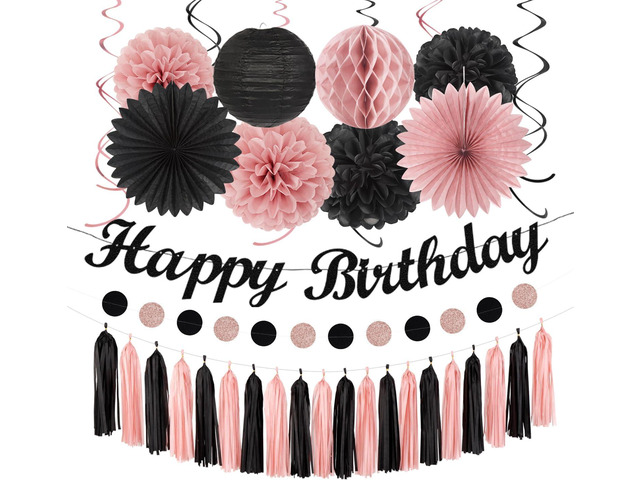 Blush-Pink Black Happy-Birthday Banner Party-Decorations - 31pcs 14th 40th 15th Women Girls Paper Lanterns Streamers,Tissue Paper Flowers Pom Poms...
