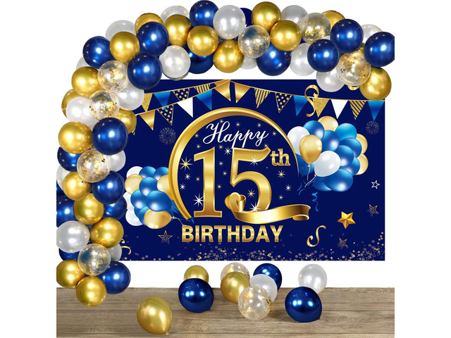 Blue Gold 15th Birthday Banner with Confetti Balloon Arch, Happy Fifteen Banner Balloons Set Party Supplies for Boys, 15 Year Old Birthday Poster