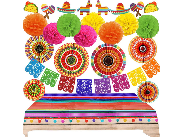 Fiesta Party Decorations, Multicoloured Tablecover Paper Fans Pompoms Decorations Mexicano Plastic Papel Picado Banner for Fiesta Mexican Cinco De...
