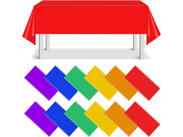 12 Pack Assorted Color Rectangle Plastic Tablecloth Disposable Rainbow Tablecloth Colorful Rectangle Table Covers for Birthday Wedding Fiesta...