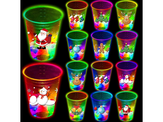 mishunyus 24 Pcs Christmas Party Cups, Glow Christmas Theme Cups, for Holiday Party Supplies, for Nighttime Fun, BBQ, Holiday Decor, with 8 pattern