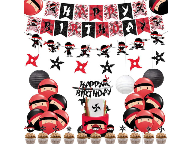 Ninja Birthday Party Decorations, Red and Black Warrior Themed Party Supplies for Boys with Ninja Happy Birthday Banner Cake Topper Sticker and...