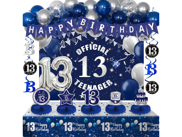 13th Birthday Decorations for Boys Girls, Blue Silver 13 Year Old Boy Bday Decor, Number 13 Balloon Happy 13th Birthday Banner Backdrop Honeycomb...