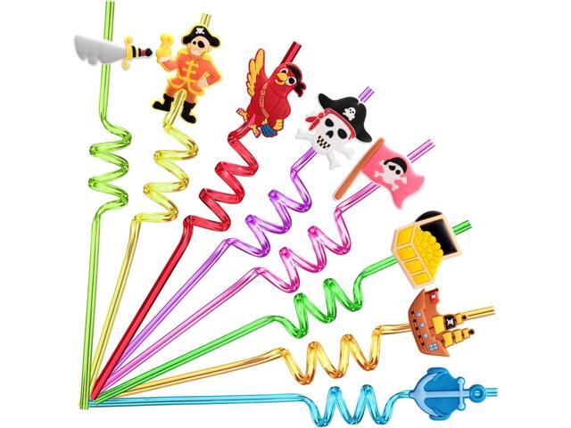 24 Pirate Party Favors Reusable Plastic Straws for Pirate Themed Birthday Party Supplies Decorations with 2 Cleaning Brushes