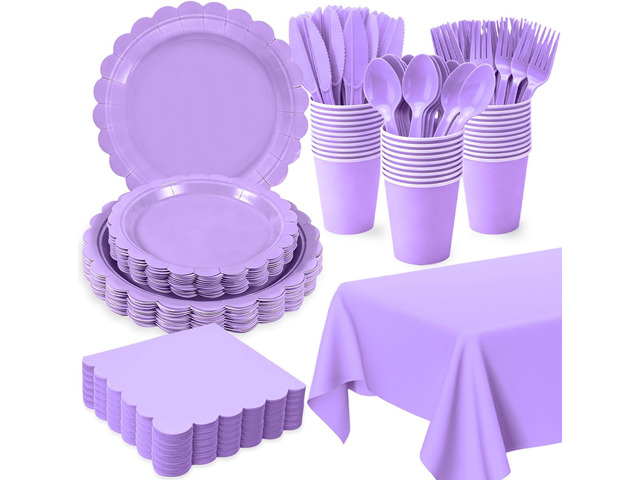 176 PCS Purple Party Decorations - Light Purple Scalloped Plates, Napkins, Cups, Cutlery, Tablecloth for Baby Shower, Wedding, Lavender Birthday...