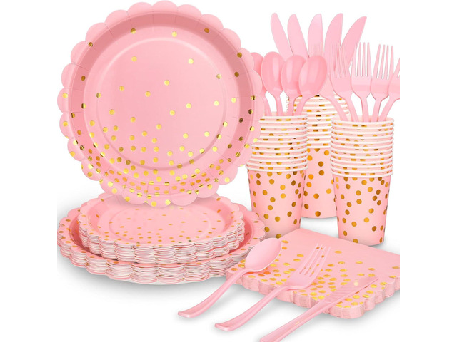 175 Pink Rose Gold Plates Napkins Party Decorations, Pink and Gold Disposable Party Supplies, Plastic Forks Knives Spoons Rose, Golden Dot Paper 9...