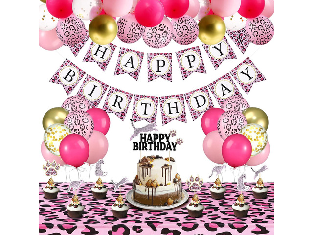 Civaner 51 Pieces Pink Cheetah Birthday Decorations Including Cheetah Birthday Banner Theme Balloons Leopard Cake Topper Safari Animal Print...