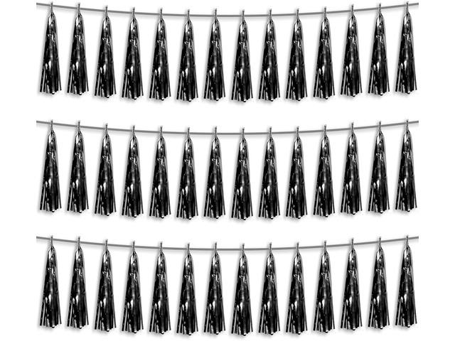 3P Black Foil Fringe Metallic Tassel Streamers Banner Tassel Garland for Parade Floats, Bachelorette, Wedding, Birthday, Halloween, Christmas,...