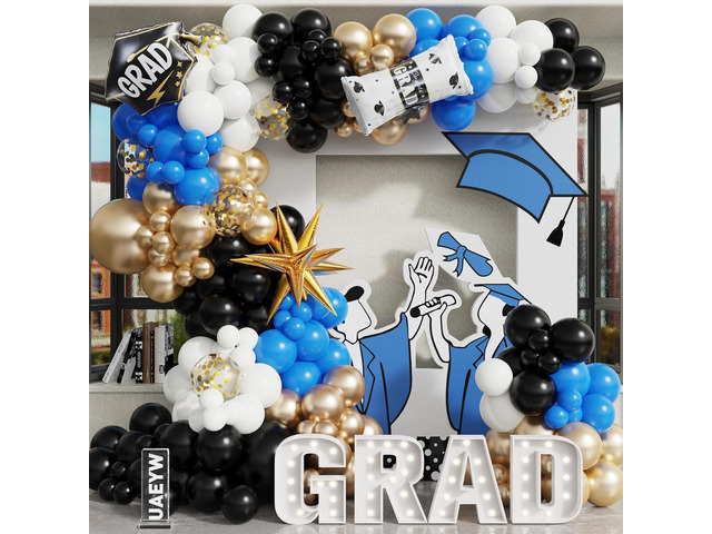 163pcs Graduation Balloon Arch Kit,Graduation Decorations 2026 with Black Gold Blue White Balloons Grad Cap & Diploma Foil Balloon for Congrats...