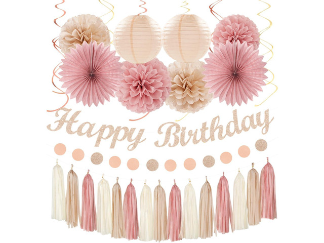 Blush-Pink Champagne Beige Happy-Birthday Party-Decorations - 31pcs 15th Women Girls Paper Lanterns Streamers Banner,Rose Gold Tissue Flowers Pom...