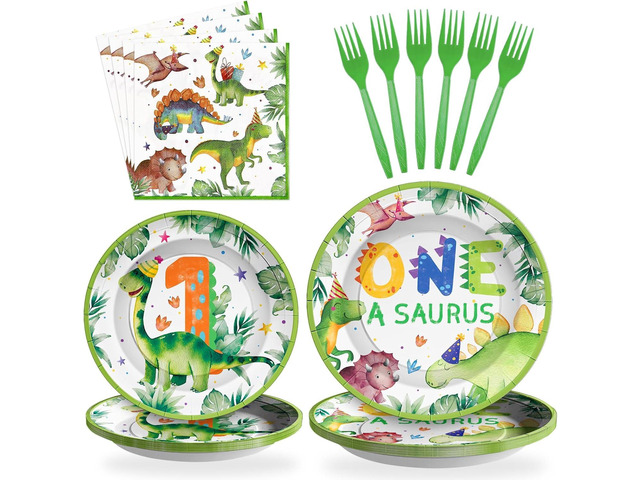 96Pcs Dinosaur 1st Birthday Decorations Cartoon Dinosaurs Plates and Napkins Tableware Sets Watercolor Dinosaur Party Decorations for One Year Old...