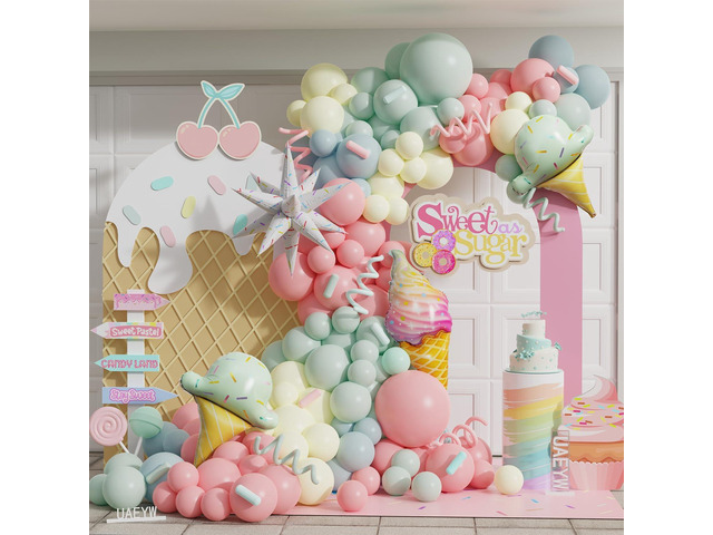 Ice Cream Balloon Arch Garland Kit,160Pcs Pastel Pink Green Yellow Blue Balloons with Ice Cream Foil Balloons for Kids Girls Birthday Baby Shower...