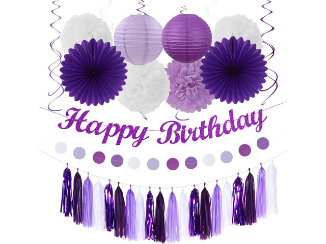 Purple-Lilac Lavender-White Happy Birthday Party-Decorations - 31pcs 20th Women Girls Paper Lanterns Streamers Banner,Tissue Pom Poms Decor,Flower...
