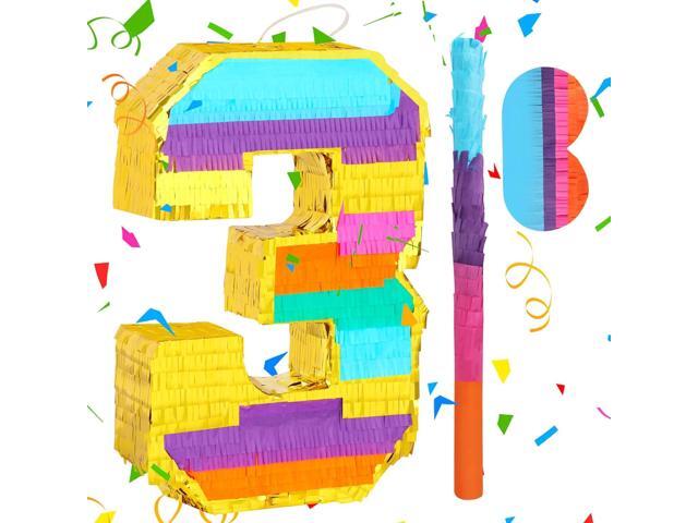 Rainbow Number 3 Pinata with a Blindfold and Bat for Boys Girls 3rd Birthday Party, Kids Anniversary Celebration, Fiesta Supplies (16.1 x 10.6 x…