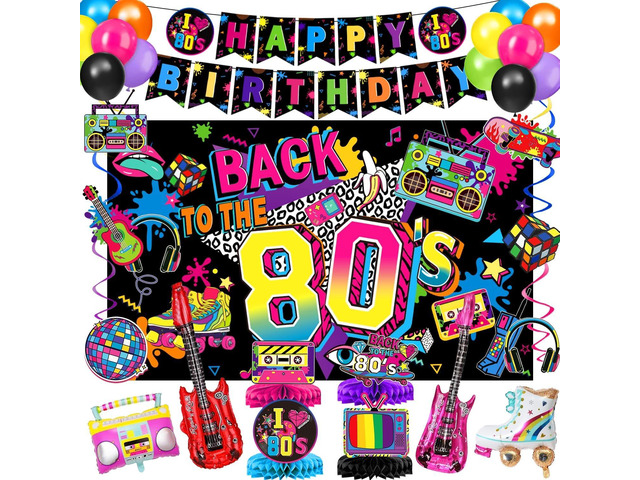 80s Party Decorations 80s Birthday Party Supply Includes Backdrop, Banner, Hanging Swirls, Foil & Latex Balloons, Honeycomb Centerpieces for 80s...