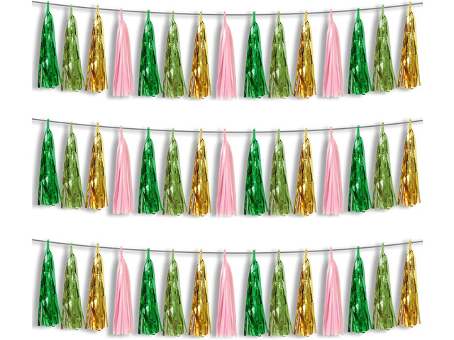 3P Sage-Green Pink-Gold Foil Fringe Metallic Tassel Garland, Tassels Banner Streamers for Parade Floats, Bachelorette, Wedding, Birthday,...